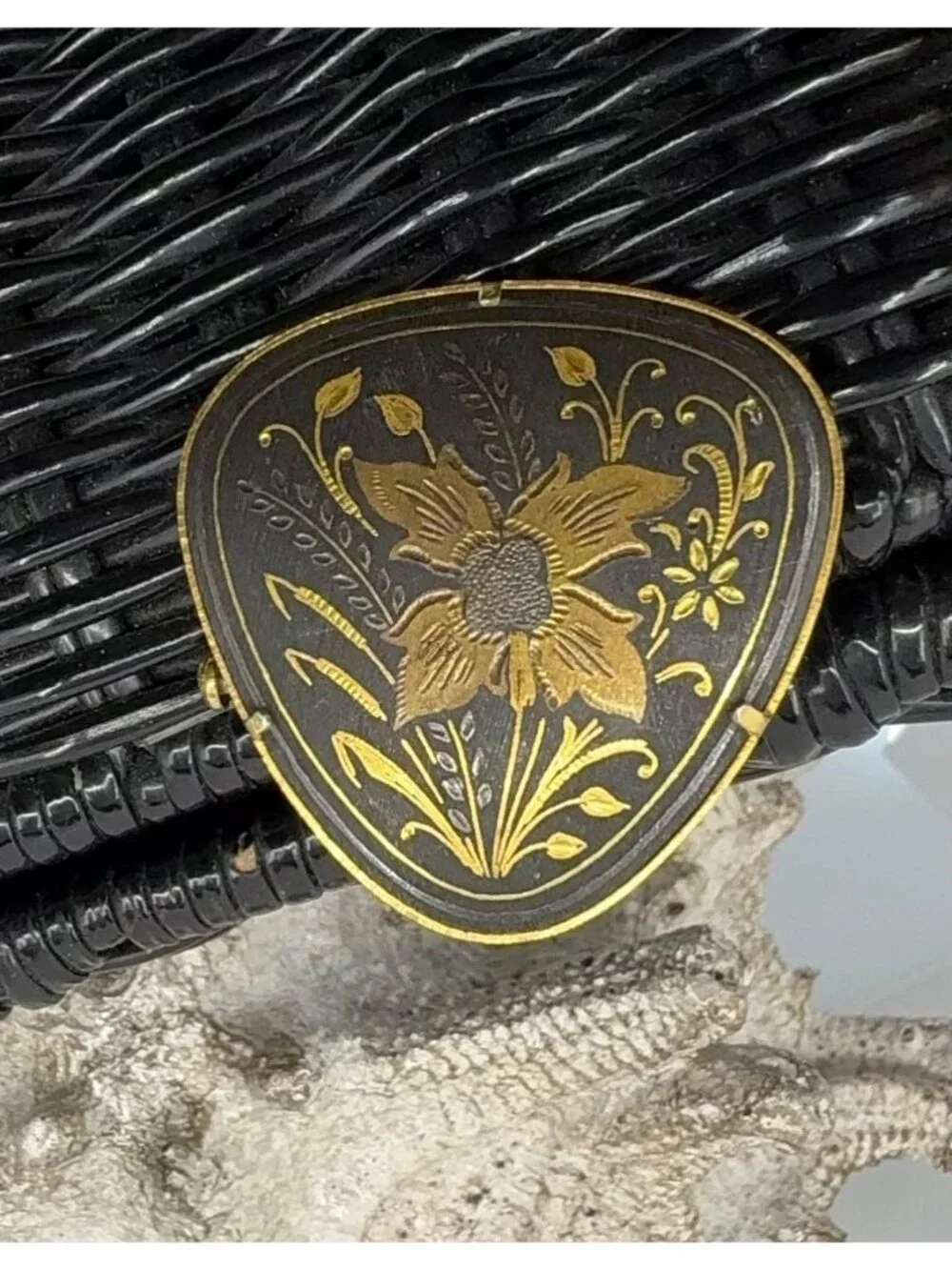 Vintage Toledoware / Damascene Gold & Black Metal Triangular Floral Brooch